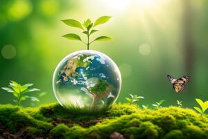 Earth in a bubble with new growth and a butterfly on a beautiful
